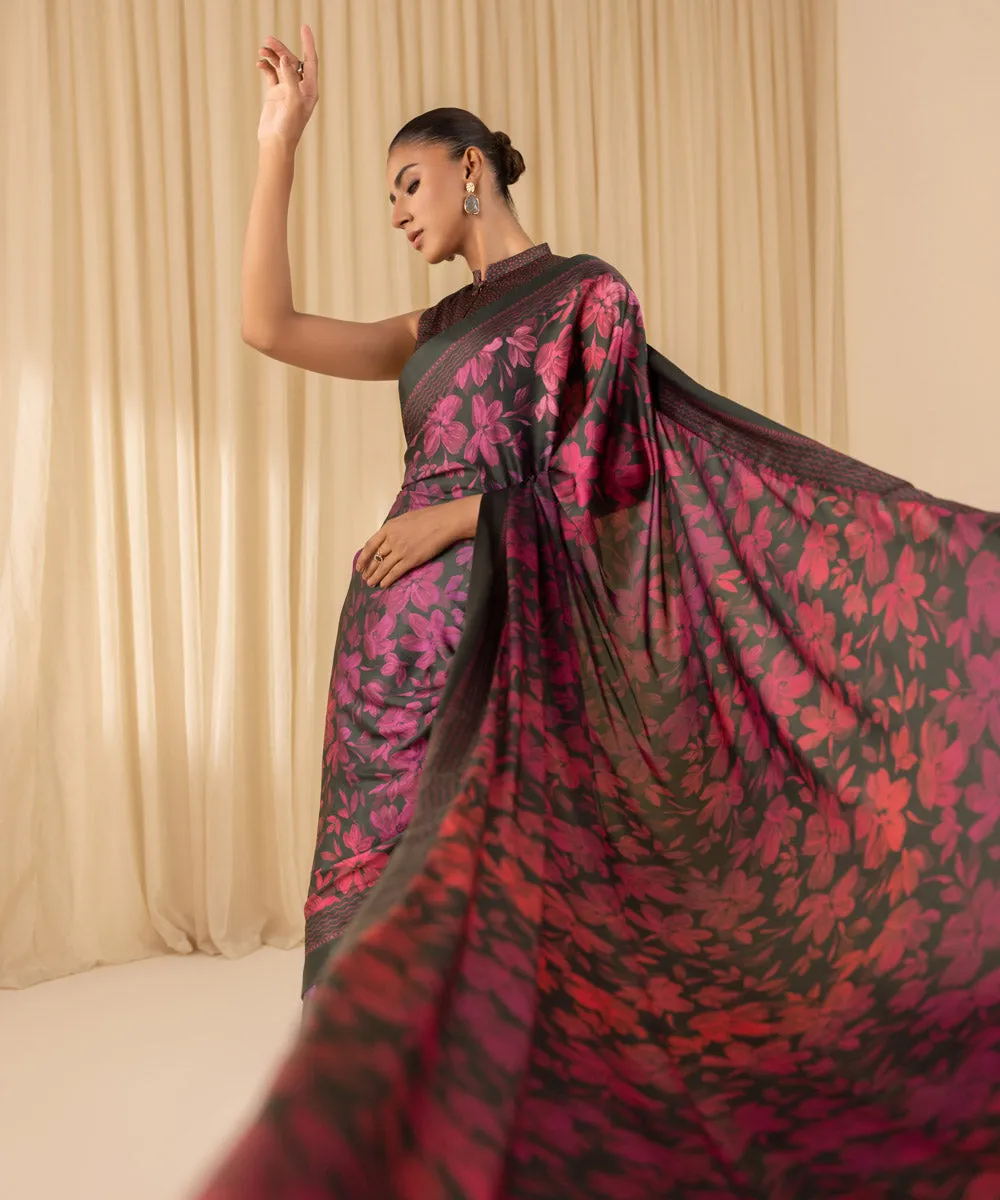 3 Piece -  Printed Satin Saree