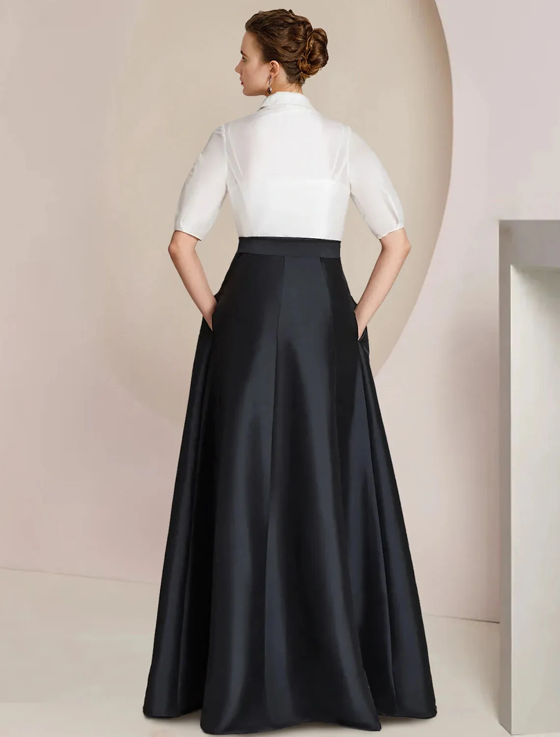 A-Line Mother of the Bride Dress Formal Wedding Guest Party Elegant Shirt Collar Floor Length Taffeta Short Sleeve with Bow(s) Color Block