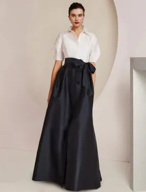 A-Line Mother of the Bride Dress Formal Wedding Guest Party Elegant Shirt Collar Floor Length Taffeta Short Sleeve with Bow(s) Color Block