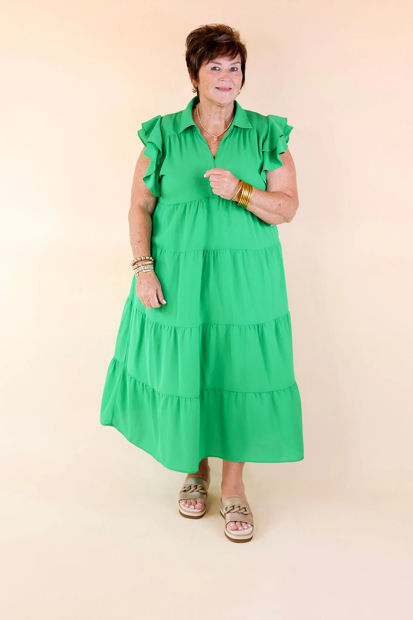 All Of A Sudden Tiered Midi Dress with Ruffle Cap Sleeves in Green