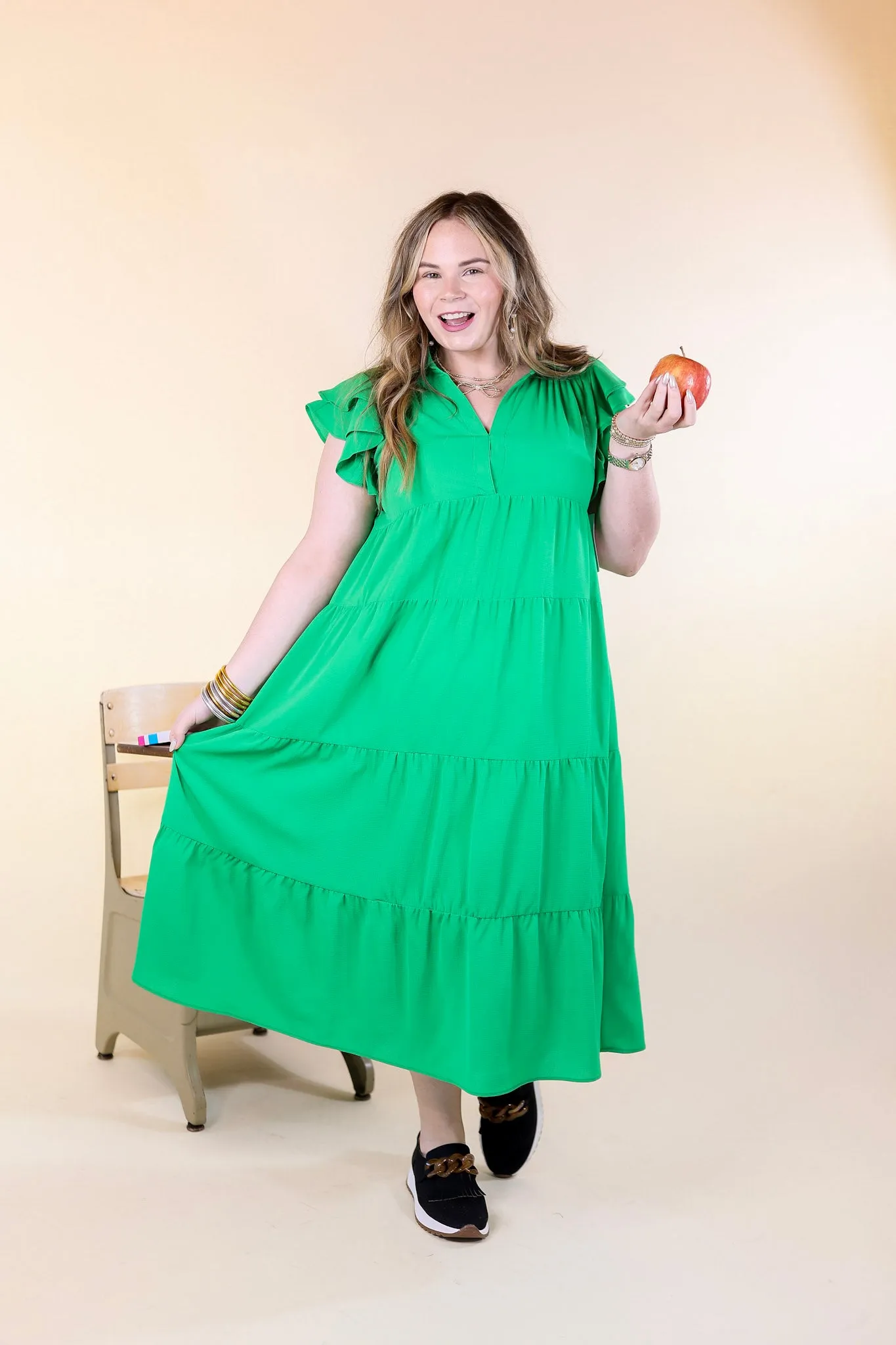 All Of A Sudden Tiered Midi Dress with Ruffle Cap Sleeves in Green