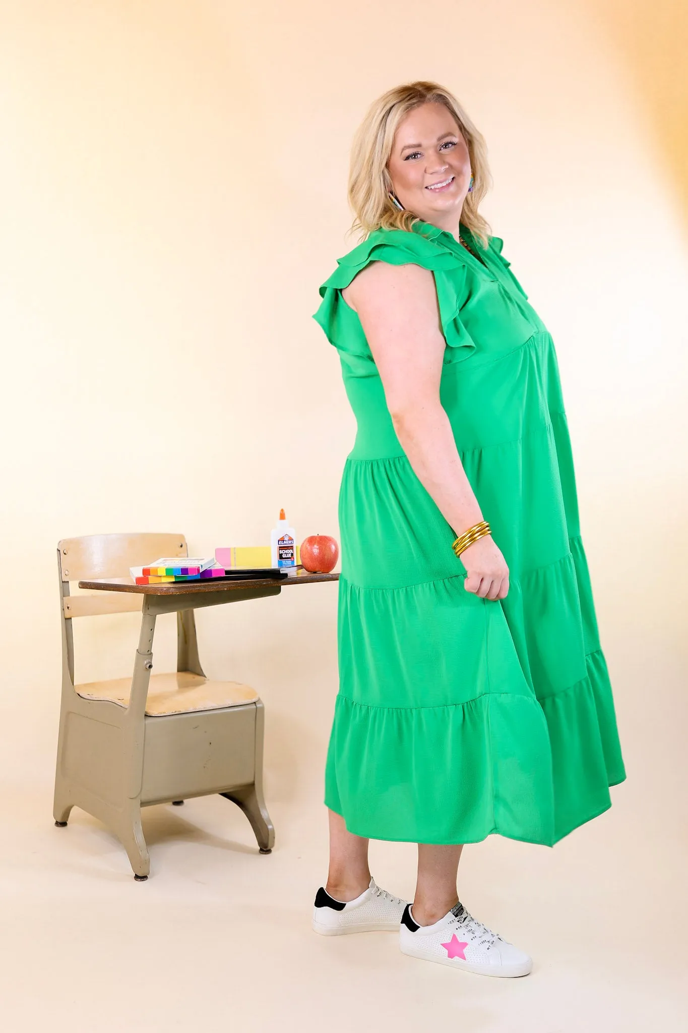 All Of A Sudden Tiered Midi Dress with Ruffle Cap Sleeves in Green