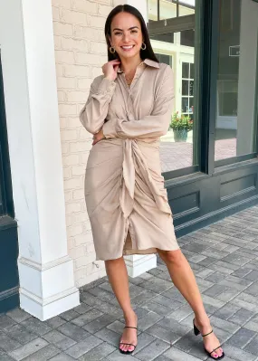 Antonia Long Sleeve Ruched Tie Waist Shirtdress-Taupe ***FINAL SALE***