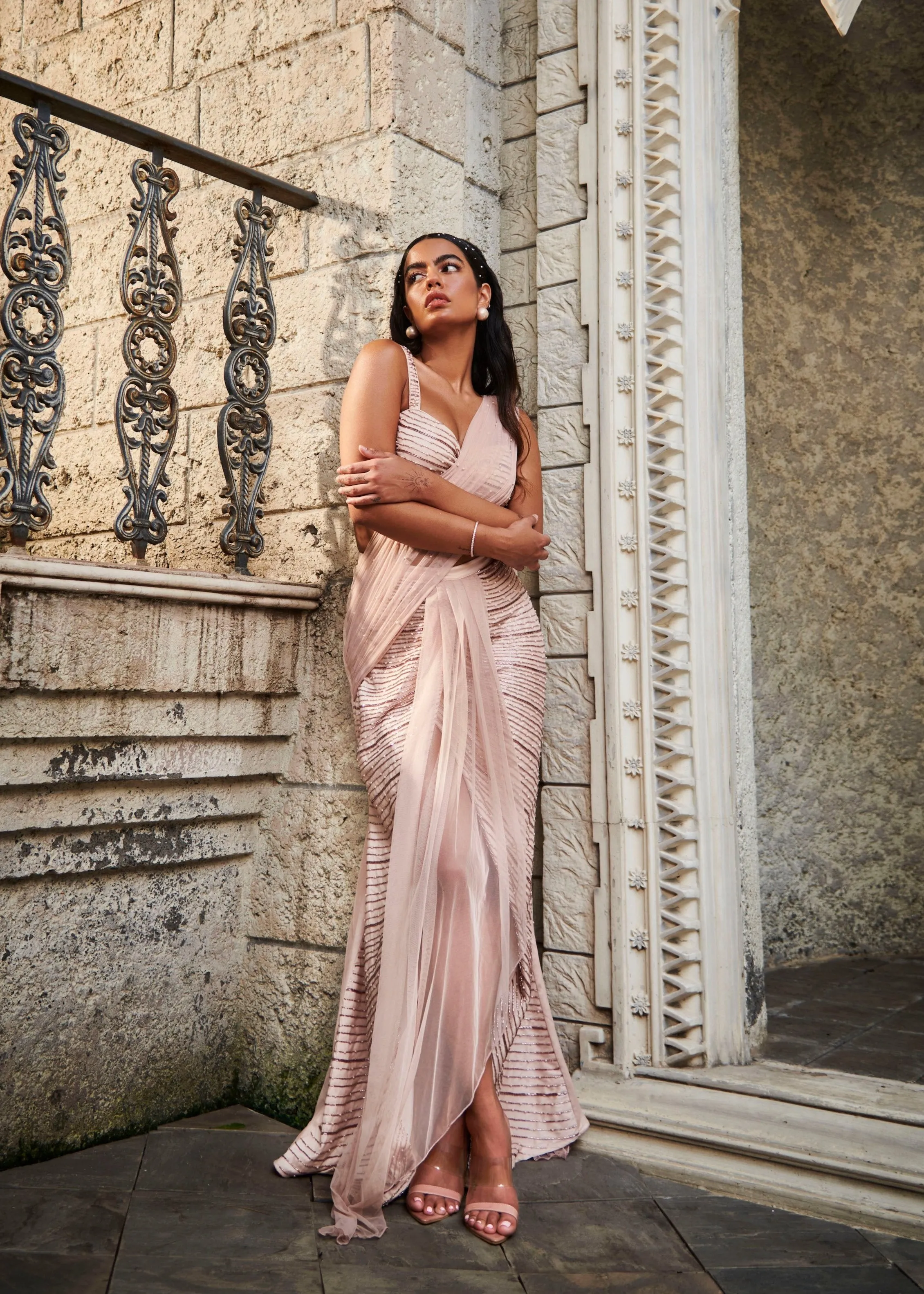 Arshia Blush Pink Hand-Embroidered Saree Set