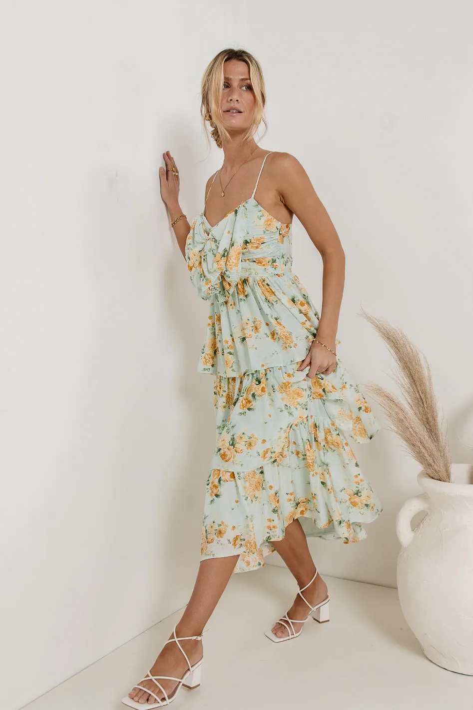 Ava Floral Midi Dress in Sage