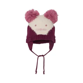 Baby Girls' Animal Face Earflap Knit Hat Burgundy And White | DEUX PAR DEUX