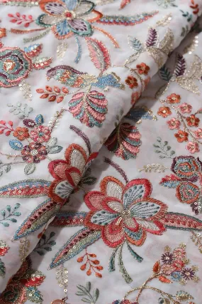 Beautiful Floral Heavy Embroidery With Gold Sequins On White Georgette Fabric