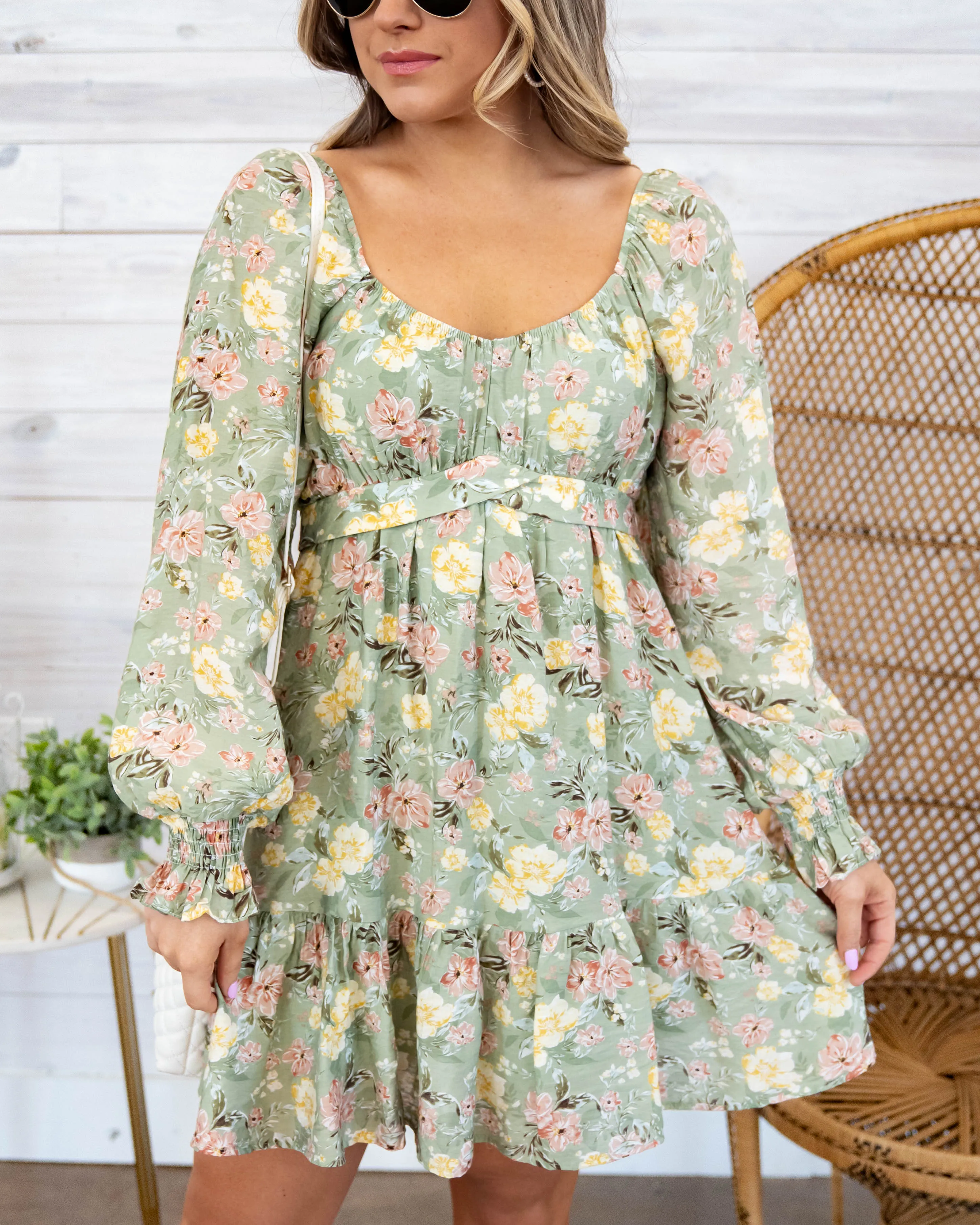 Bianca Floral Sweetheart Neckline Dress - Light Olive