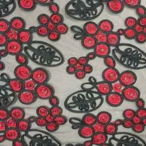 Black and Red Floral Embroidered Tulle Fabric