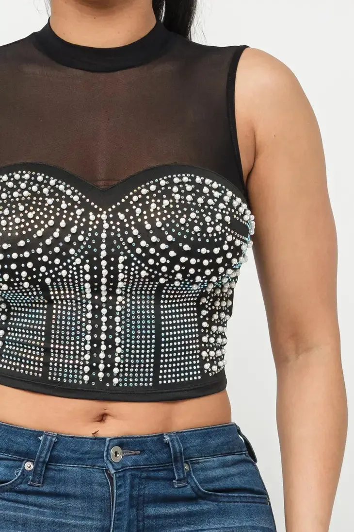 Black Front Pearls Sleeveless Crop Top