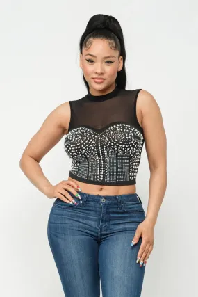 Black Front Pearls Sleeveless Crop Top