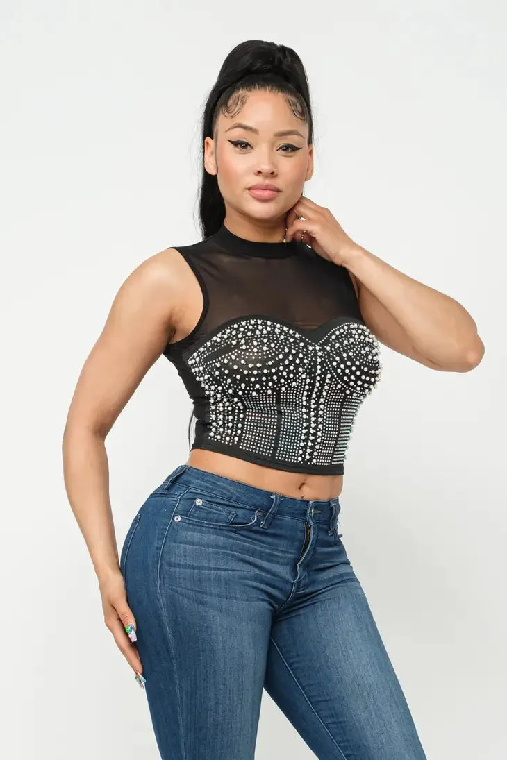 Black Front Pearls Sleeveless Crop Top