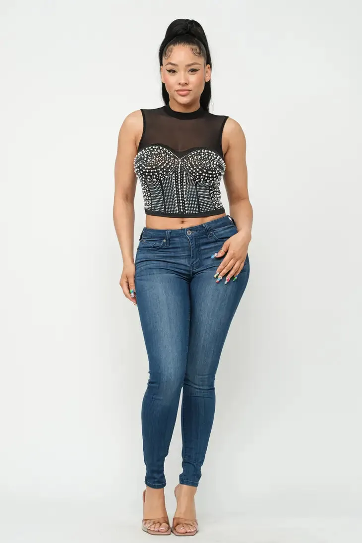 Black Front Pearls Sleeveless Crop Top