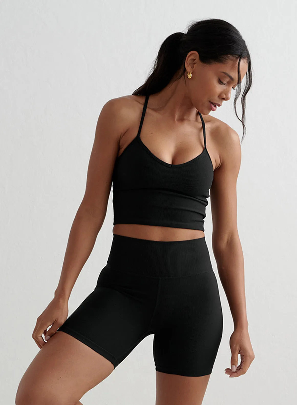 Black Ribbed Performance Midi Biker Shorts