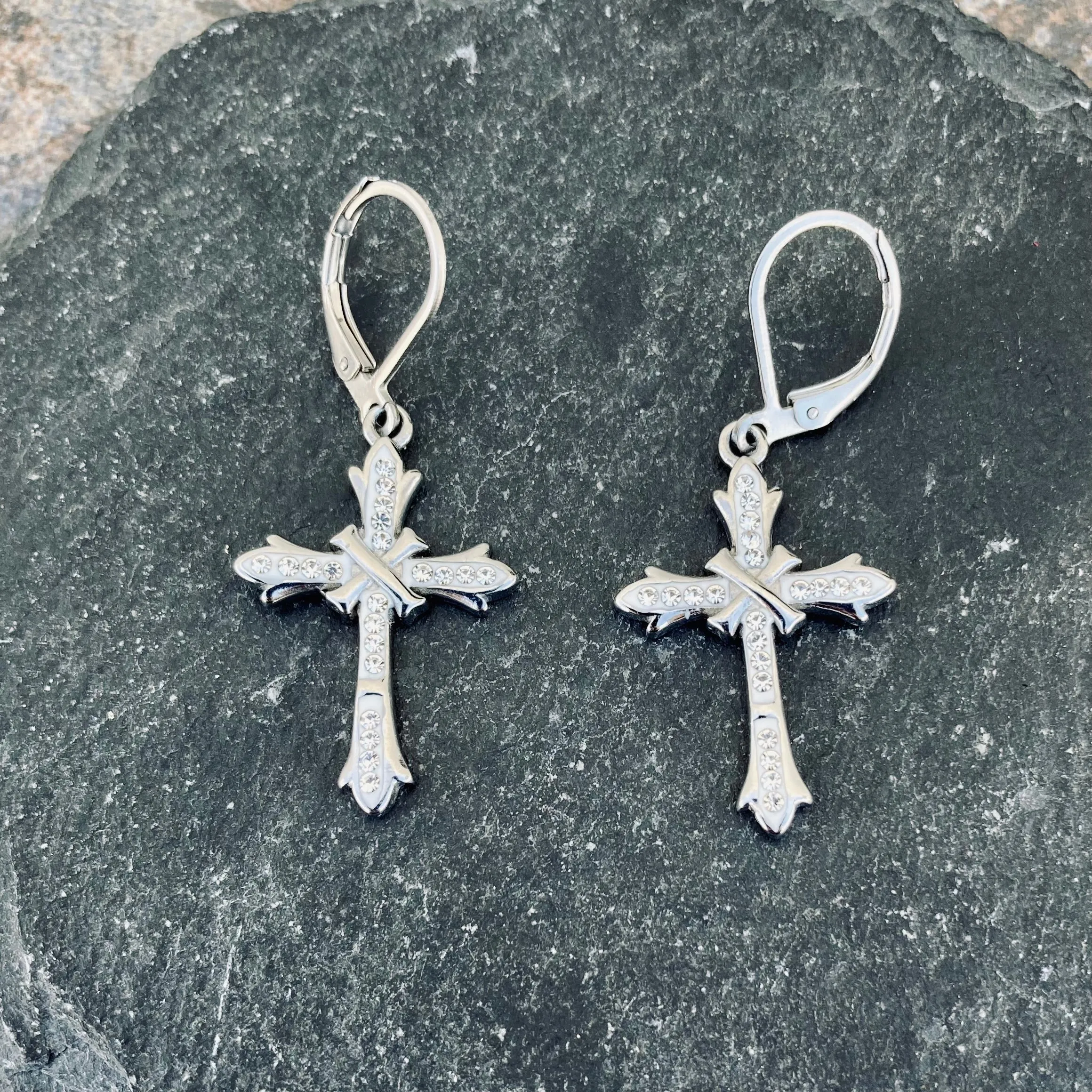 Bling Cross - White Stone - Lever Back Earrings -  SK2604L