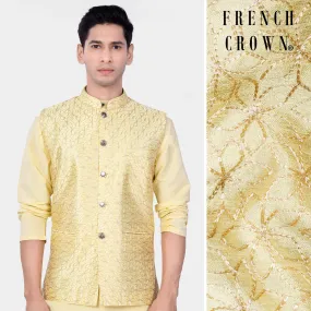 Blond Yellow Flower Embroidered Nehru Jacket