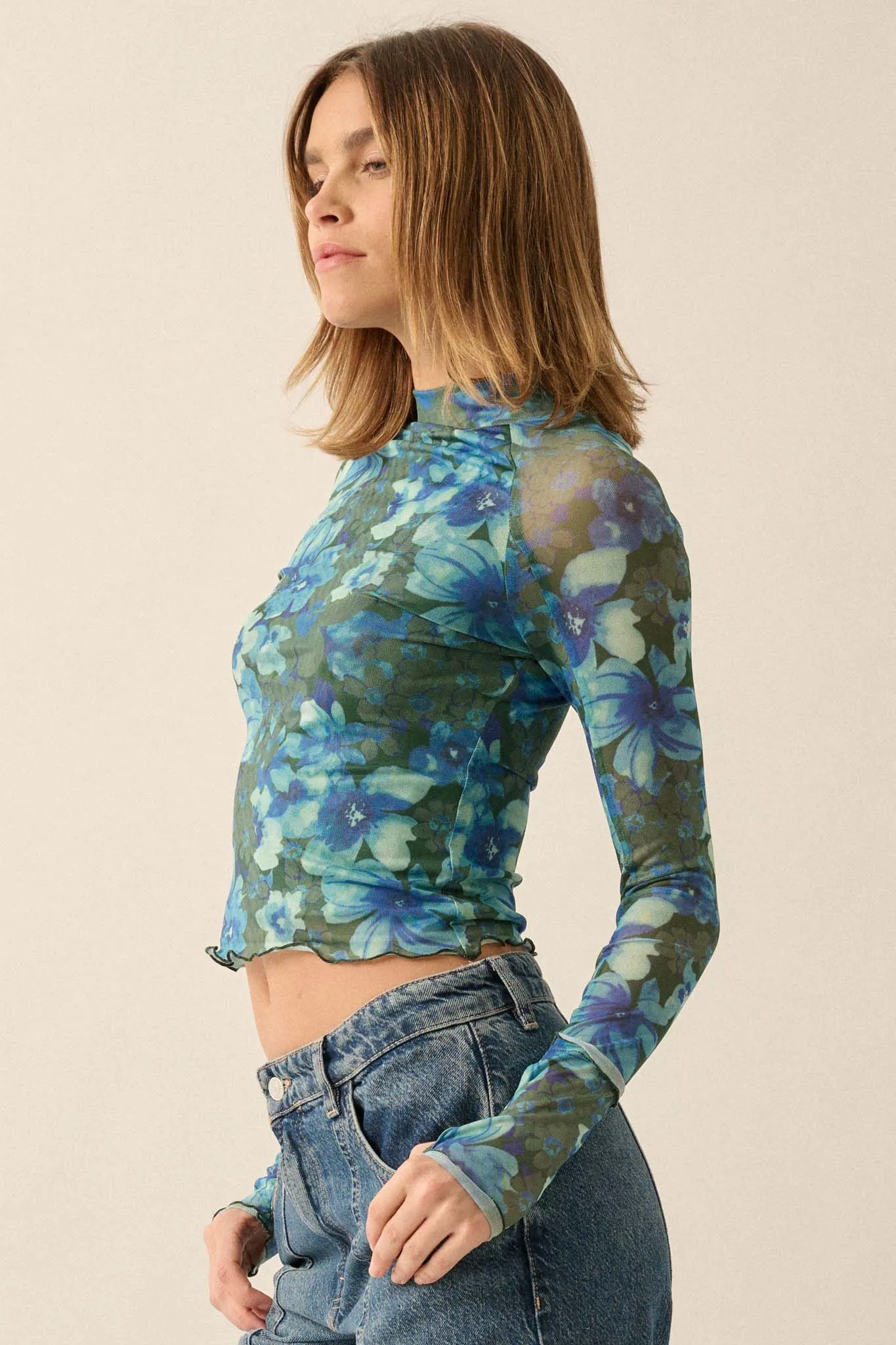 Bloom for Me Floral Mesh Mock-Neck Long-Sleeve Top