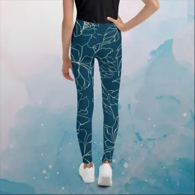 Blue and Gold Floral Stencil Lines Youth Leggings