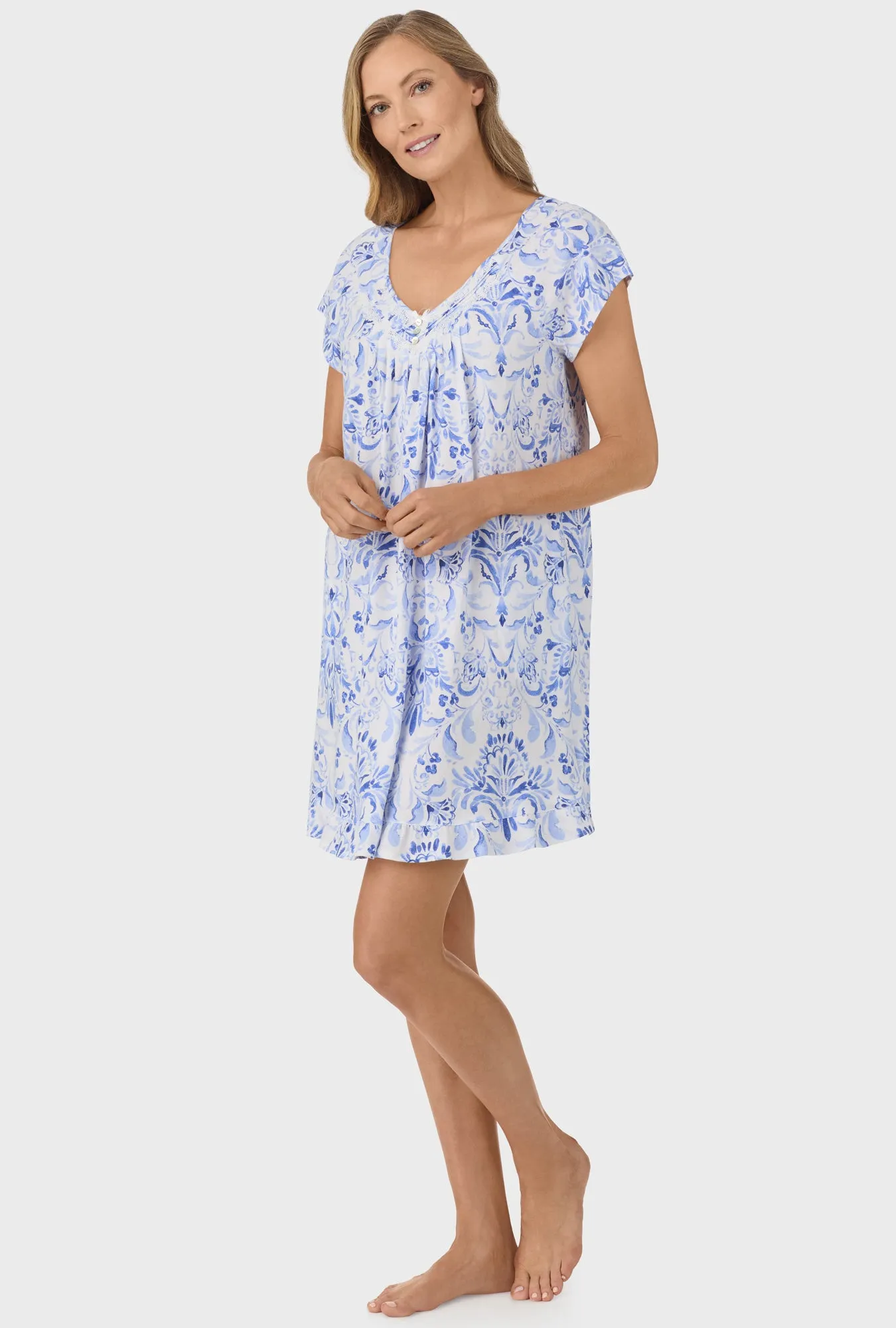 Blue Damask Cap Sleeve Nightgown