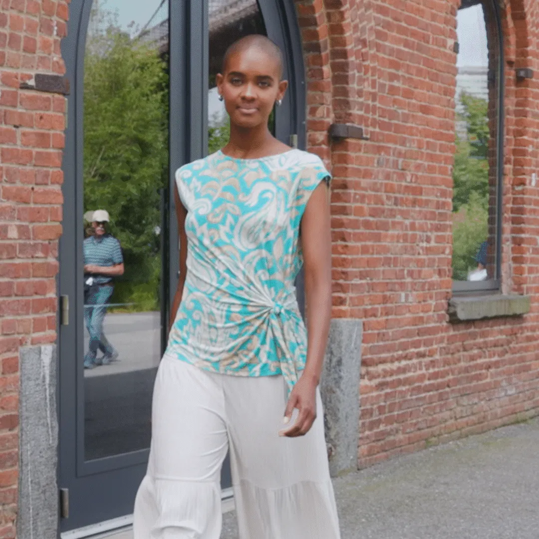 Butter Knit - Cap Sleeve Side Tie Top - Paisley Lotus-Turquoise