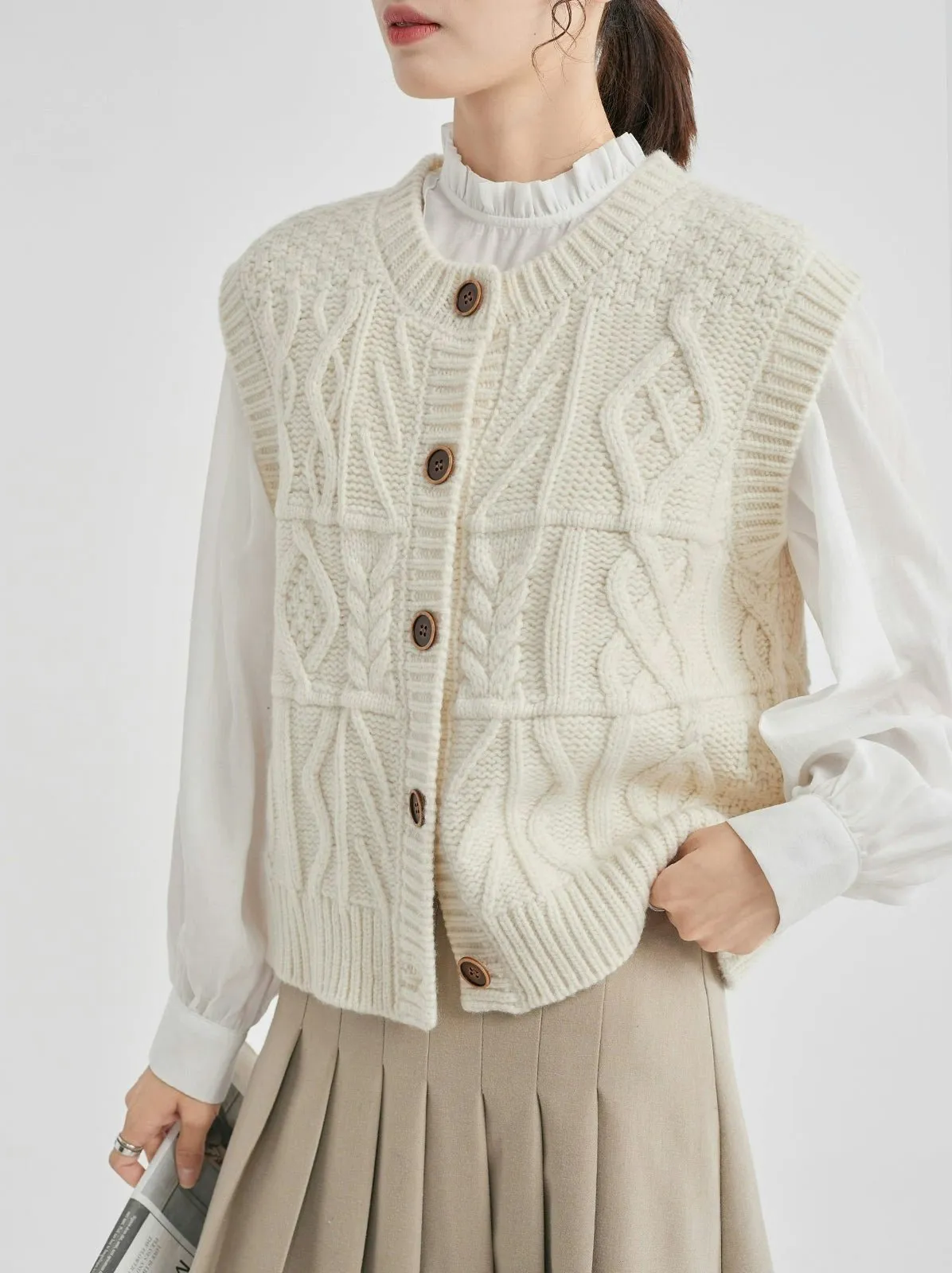 Cable Knit Ribbed Trim Button Vest