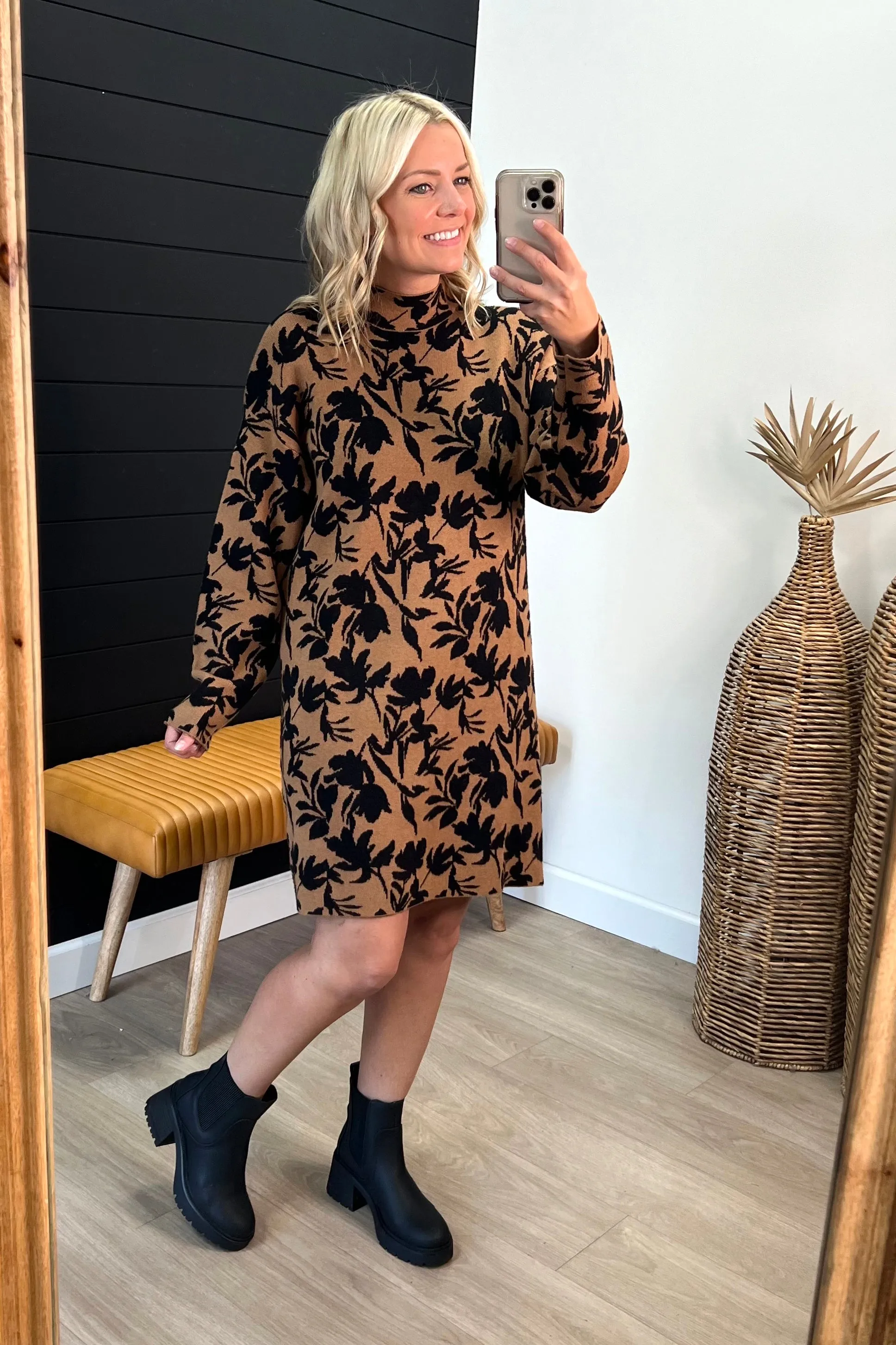 Camel & Black Floral Mock Sweater Dress