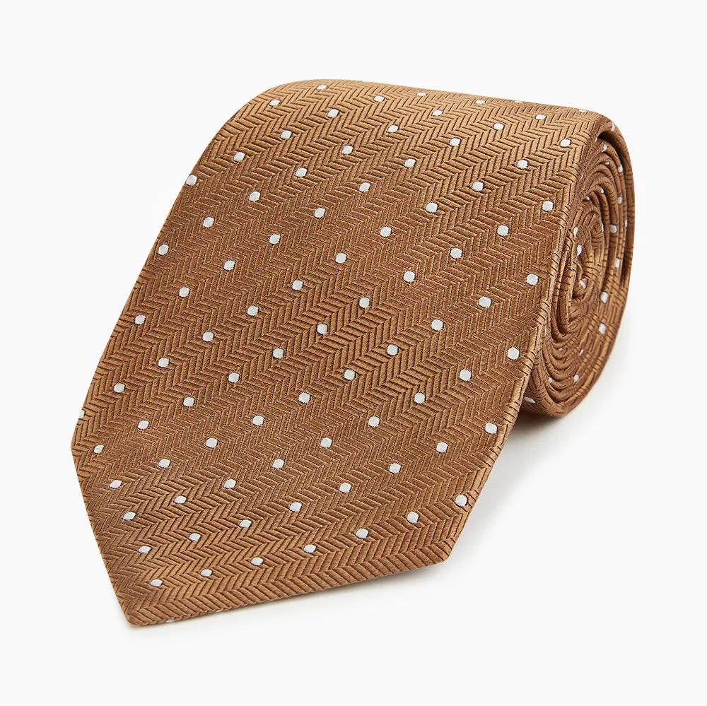 Camel and White Small Spot Herringbone Silk Tie