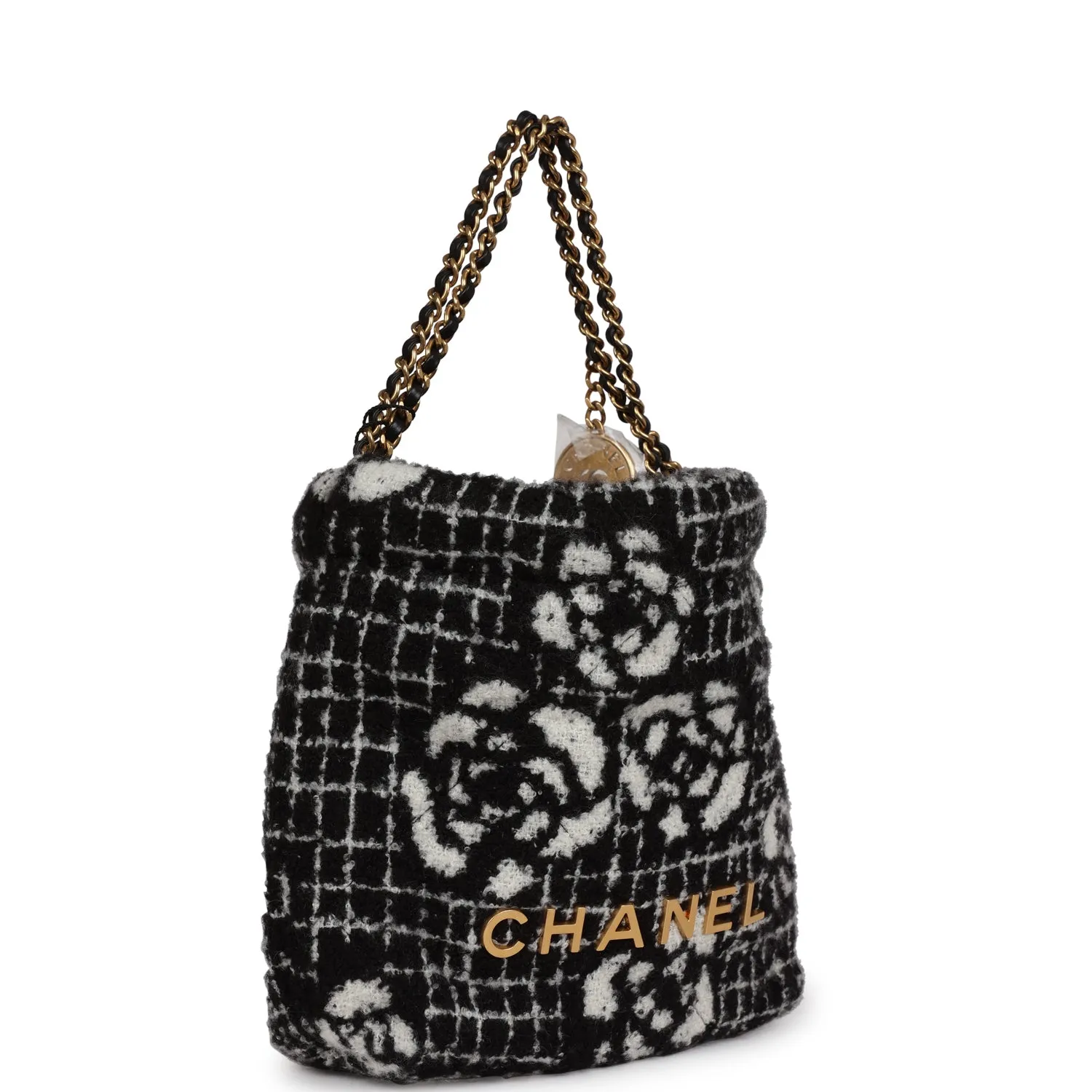 Chanel Mini 22 Bag Black and White Floral Tweed Gold Hardware