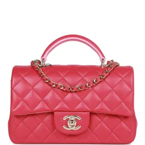 Chanel Mini Rectangular Flap with Top Handle Pink Lambskin Light Gold Hardware