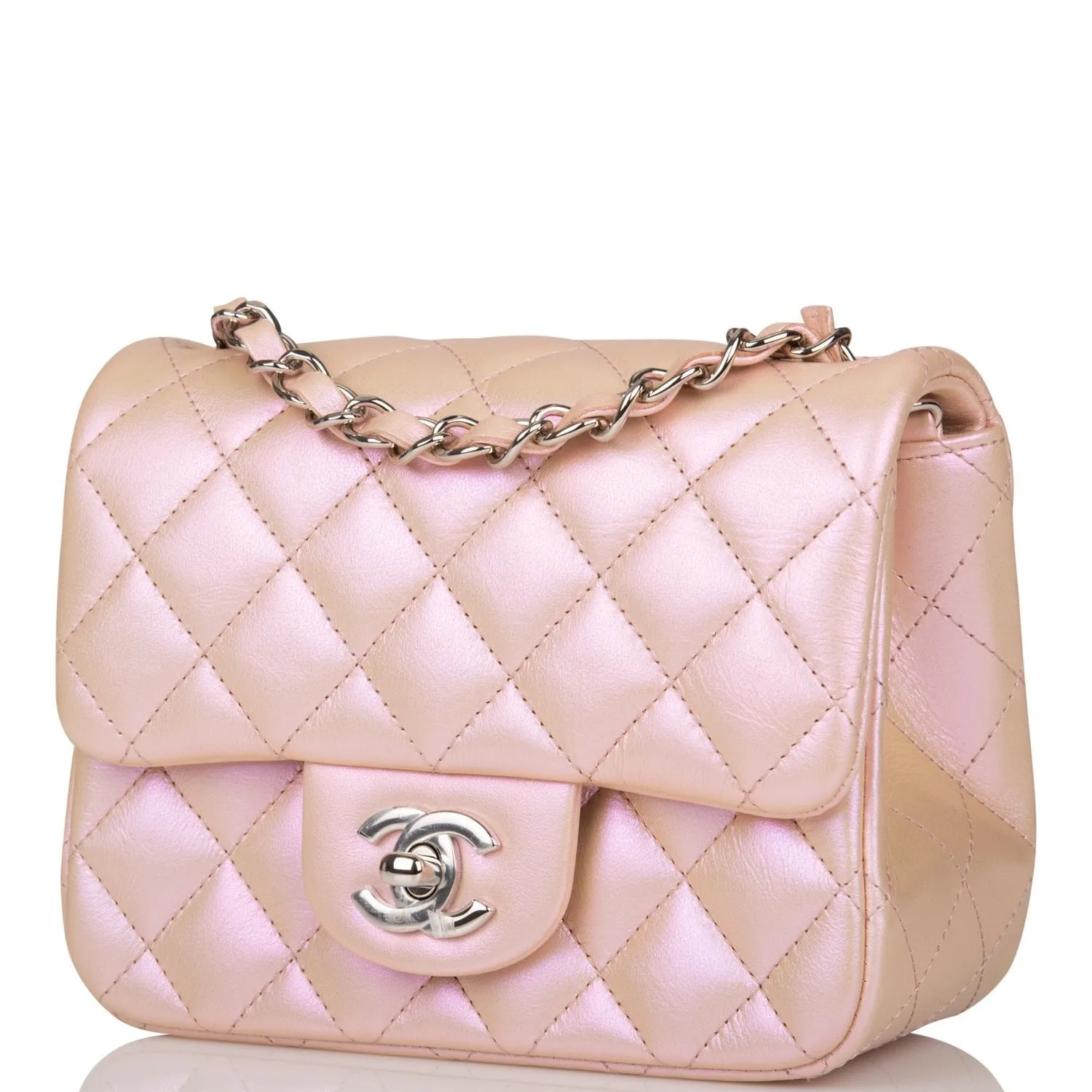 Chanel Mini Square Flap Bag Pink Iridescent Lambskin Silver Hardware