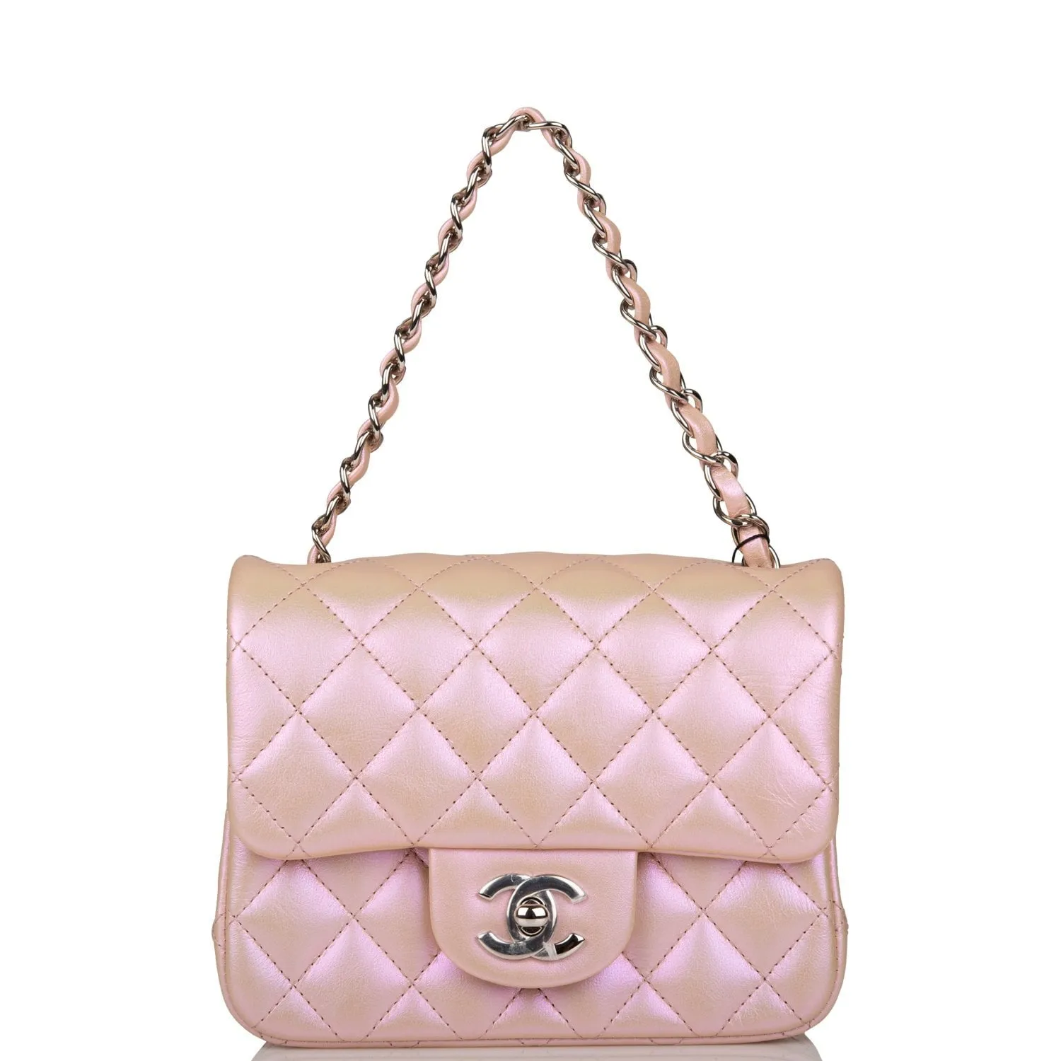 Chanel Mini Square Flap Bag Pink Iridescent Lambskin Silver Hardware