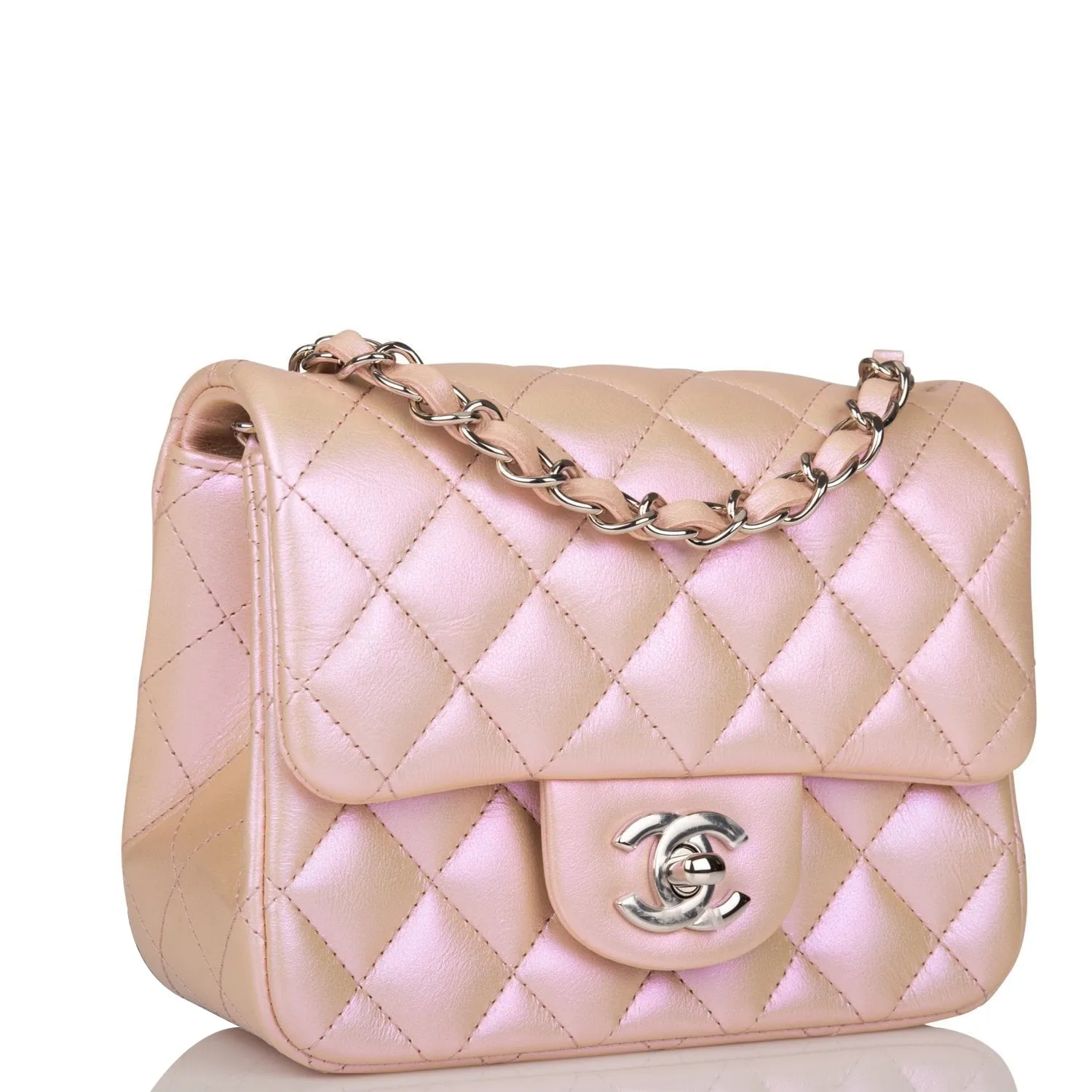 Chanel Mini Square Flap Bag Pink Iridescent Lambskin Silver Hardware