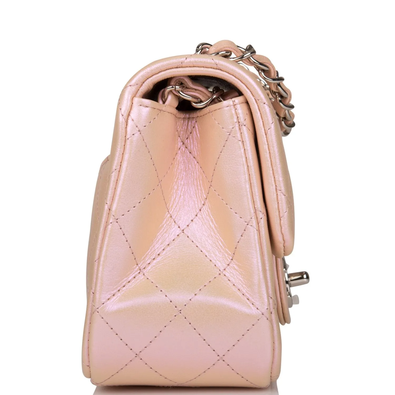 Chanel Mini Square Flap Bag Pink Iridescent Lambskin Silver Hardware