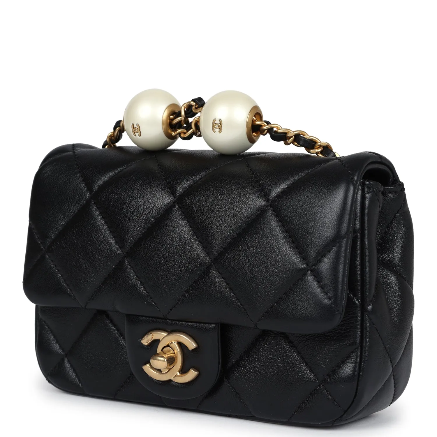 Chanel Mini Square Pearl Flap Bag Black Lambskin Brushed Gold Hardware