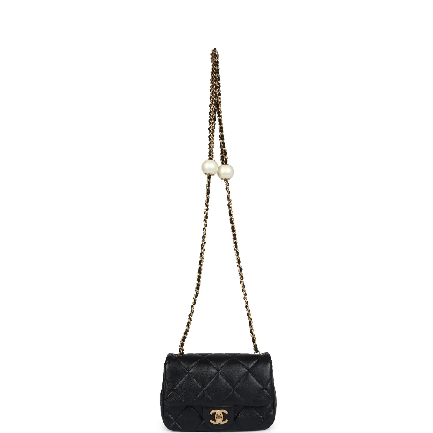 Chanel Mini Square Pearl Flap Bag Black Lambskin Brushed Gold Hardware