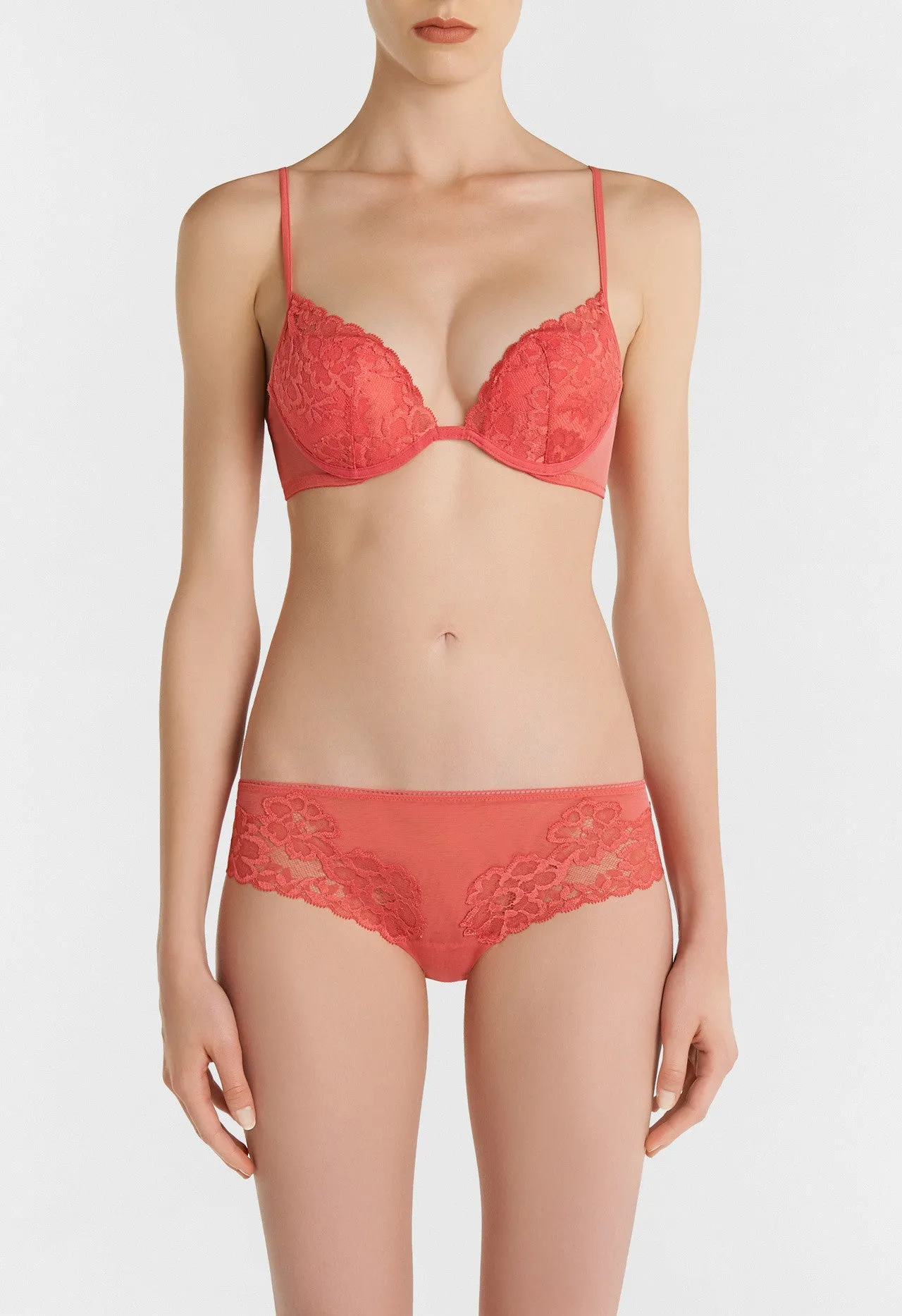 Coral Push up Bra in Stretch Tulle and Leavers Lace