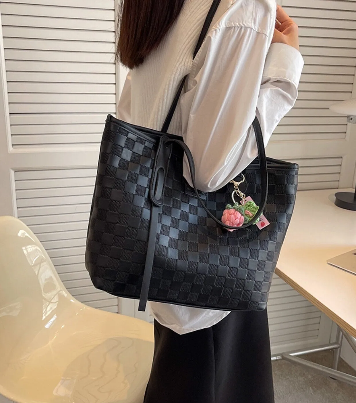 Cute Checkerboard Shoulder Bag, Large Capacity Handbag, Oversized Handbags for Women, Vegan Leather Tote Bag, Handle Handbag