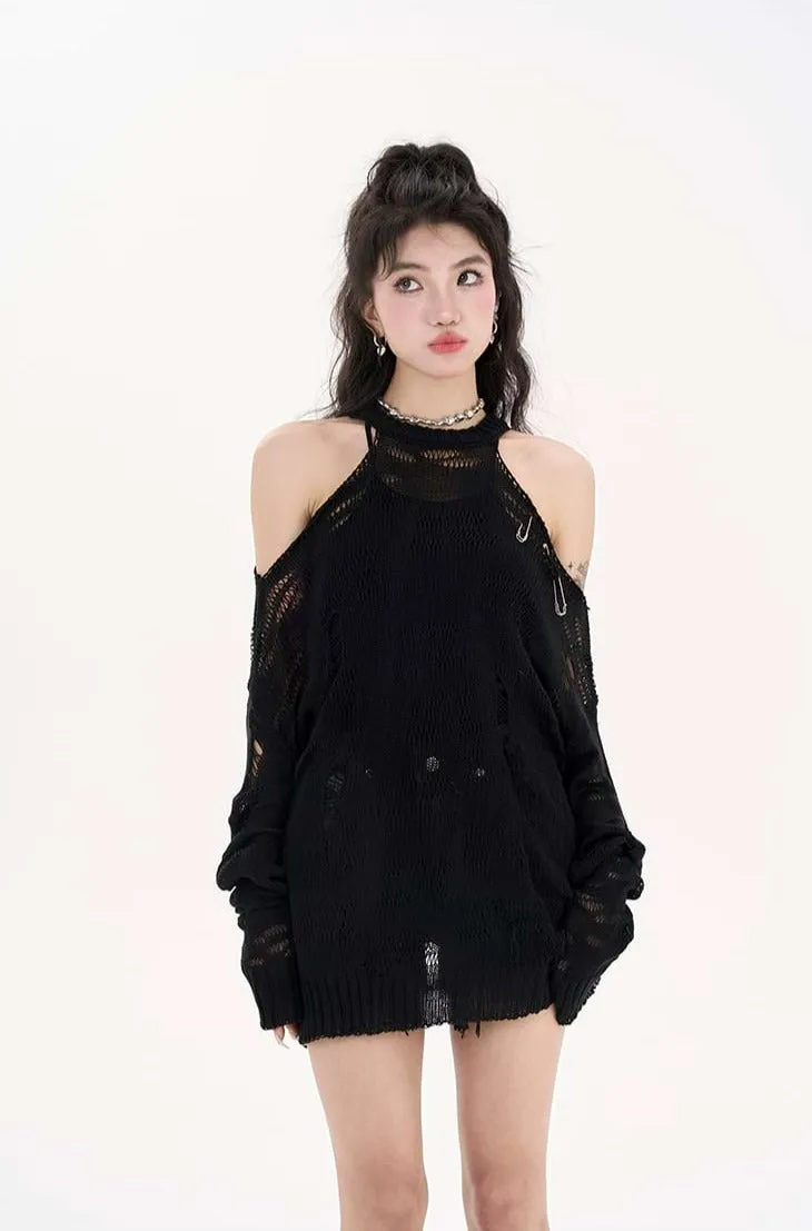 Distressed Translucent Cold Shoulder Long Top