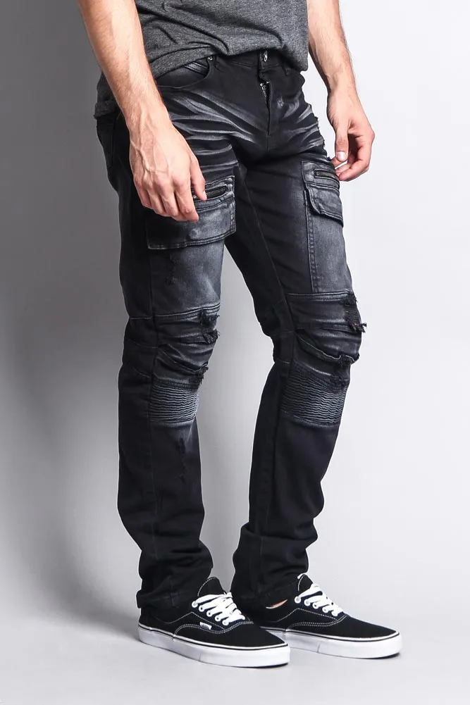 Faded Zipper Cut Cargo Pocket Biker Jeans