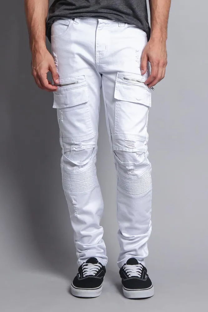 Faded Zipper Cut Cargo Pocket Biker Jeans