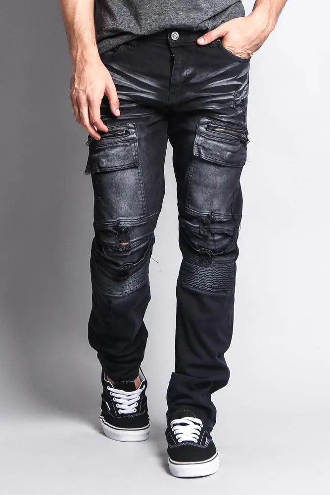 Faded Zipper Cut Cargo Pocket Biker Jeans