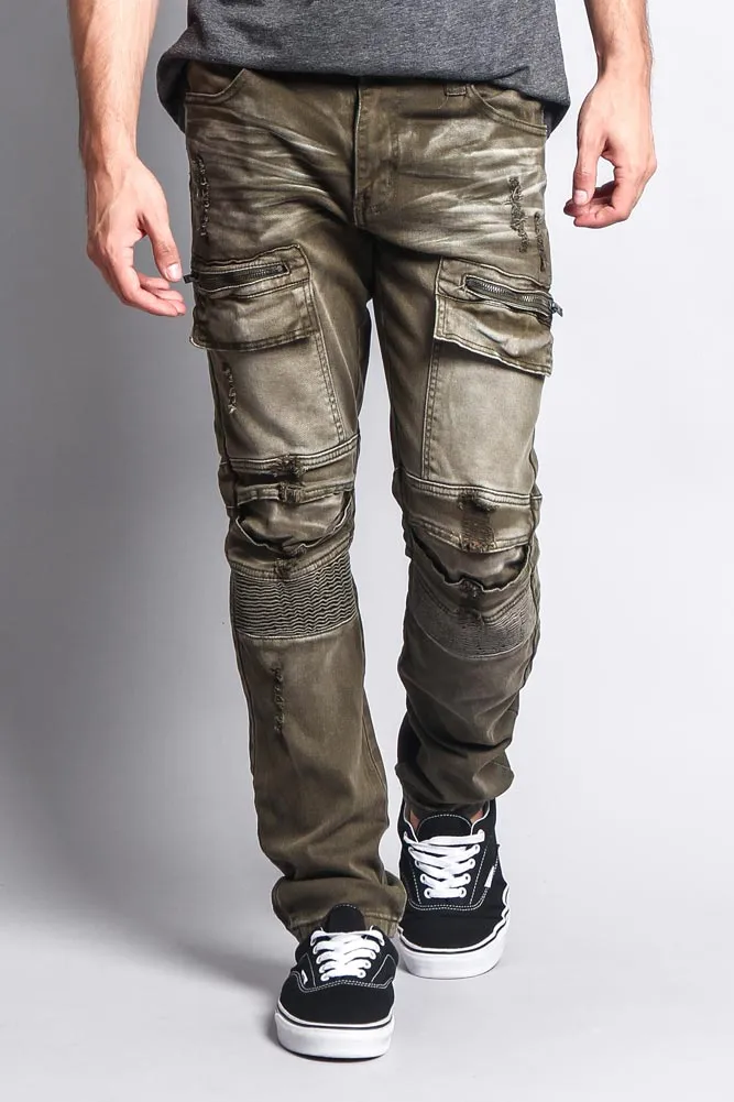 Faded Zipper Cut Cargo Pocket Biker Jeans