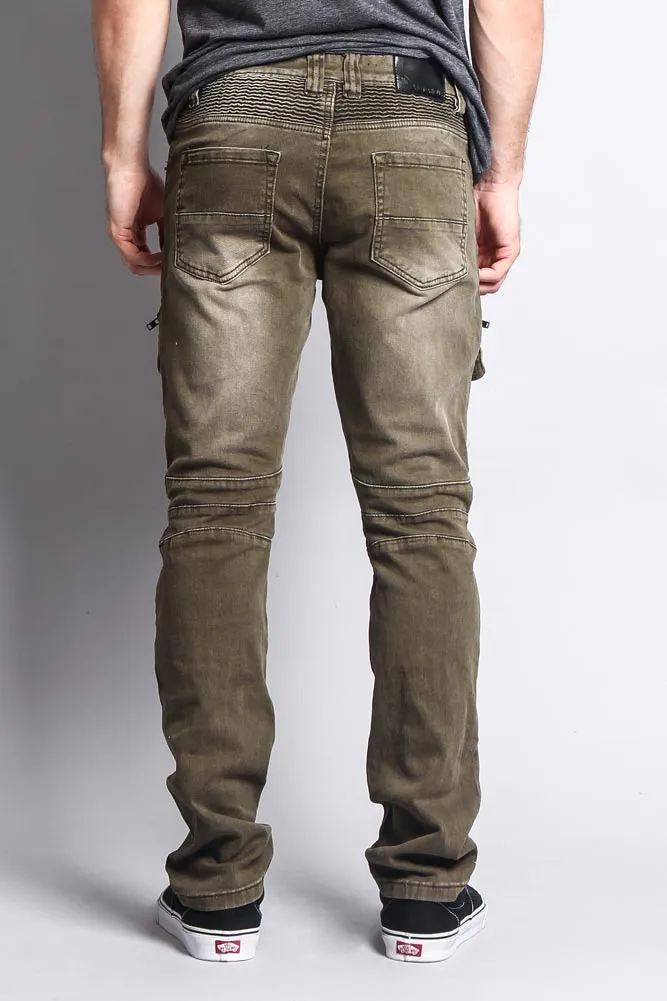 Faded Zipper Cut Cargo Pocket Biker Jeans