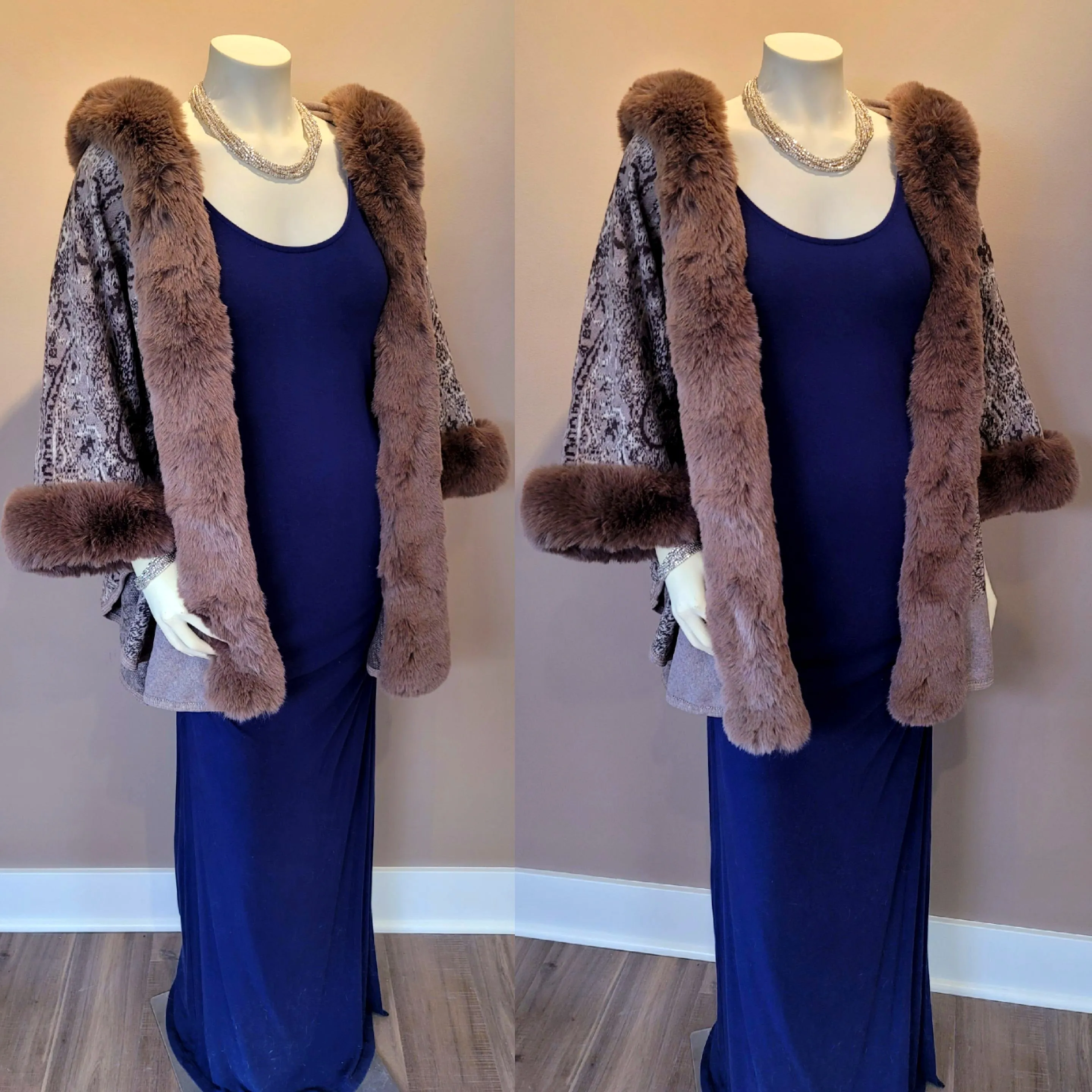 Faux Fur Trim Capelet Taupe