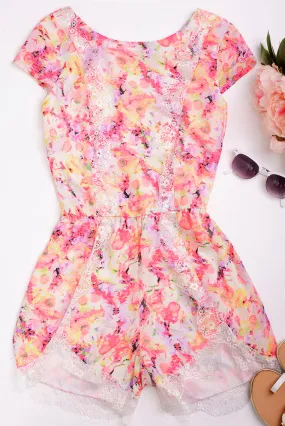 Floral Pattern Playsuit With Lace Insert