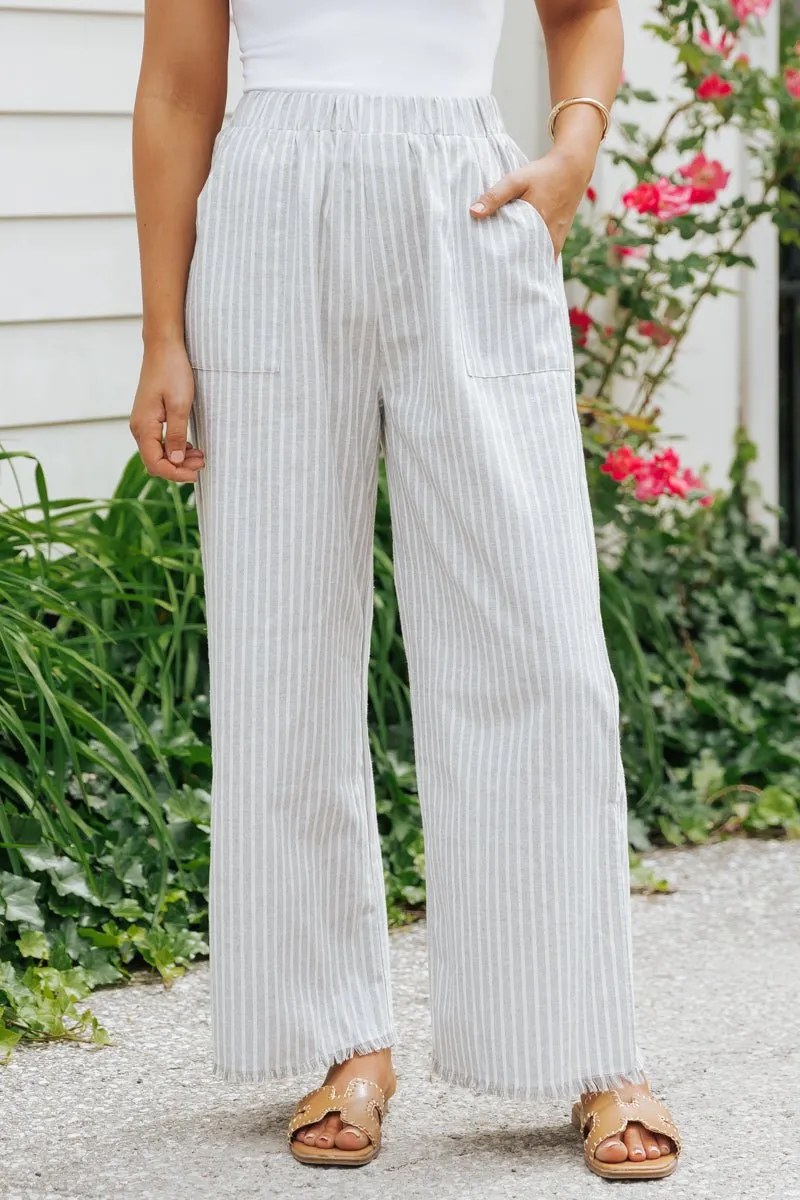 Grey Striped Elastic Waist Slit Linen Pants - FINAL SALE