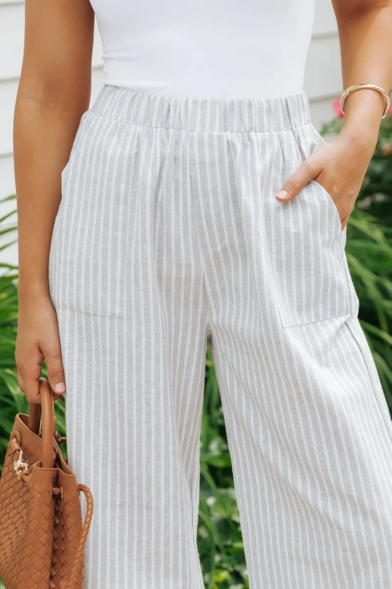 Grey Striped Elastic Waist Slit Linen Pants - FINAL SALE