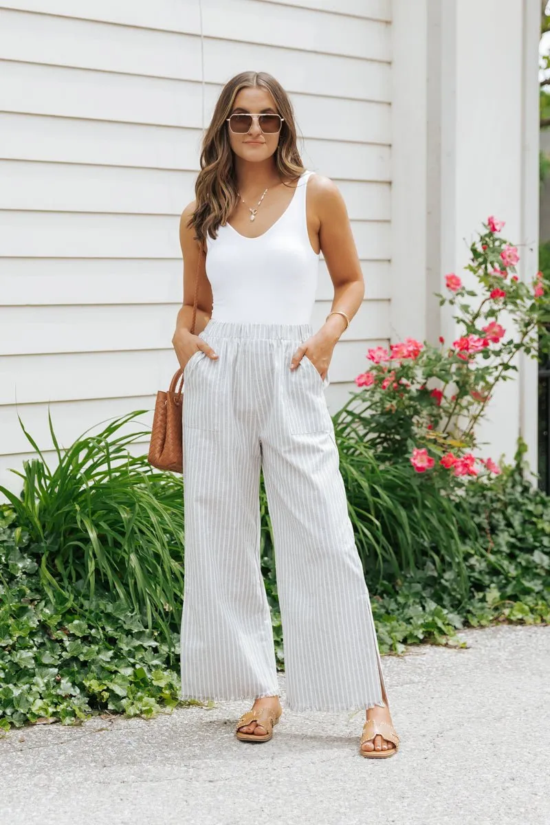 Grey Striped Elastic Waist Slit Linen Pants - FINAL SALE