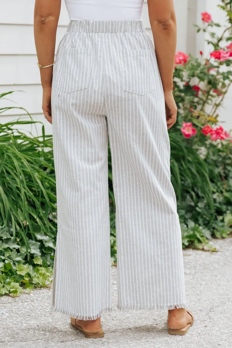 Grey Striped Elastic Waist Slit Linen Pants - FINAL SALE