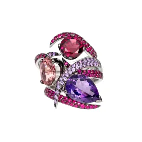 Interlocking Aurora Ring Set - 18ct White Gold & Amethyst, Pink Tourmaline & Rhodalite